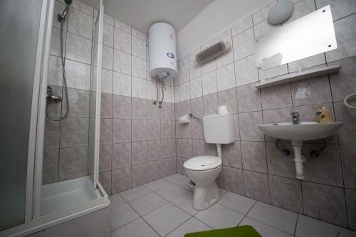 y baño con aseo, lavabo y ducha. en Rooms with a parking space Tordinci, Slavonija - 15159, en Tordinci