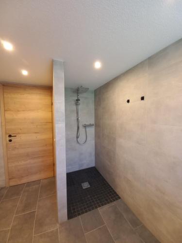 y baño con cabina de ducha y ducha a ras de suelo. en Haus Waldfrieden, en Sautens