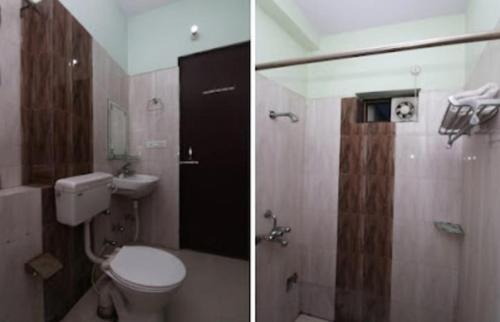 two pictures of a bathroom with a toilet and a shower at Hotel Classic Gold By WB Inn in Agra