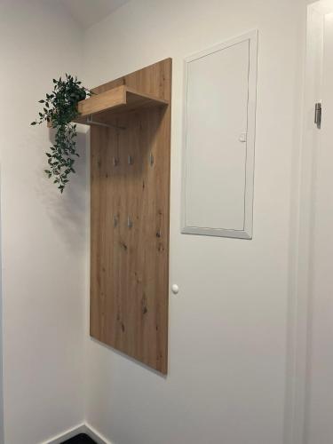 a wooden door on a white wall with a plant at Sorinas Home WB16 Top 15 in Wagersbach