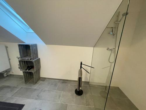 a shower in a bathroom with a glass wall at Sorinas Unterkunft WB16 Top 15 