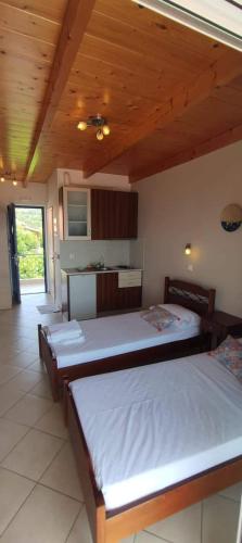 a bedroom with two beds and a kitchen at Αλκυονη Διαμερισματα in Paralia Vrachou