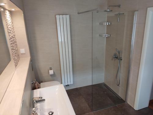een badkamer met een douche, een wastafel en een toilet bij Ferienhaus in Seenähe in Neuruppin