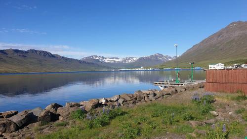 vistas a un lago con montañas en el fondo en The Bank Sleeping, en Neskaupstaður