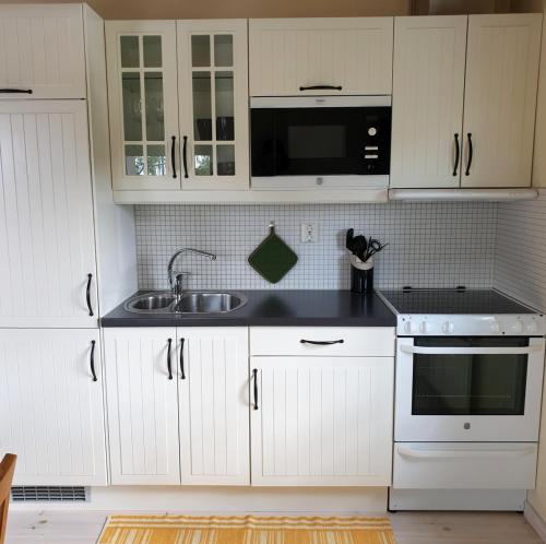 - une cuisine avec des placards blancs et un évier dans l'établissement Cabin near lake and beautiful nature reserve., à Bodafors