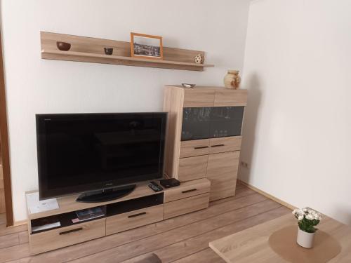 a living room with a large flat screen tv at Ferienwohnung Perlitz in Petersdorf