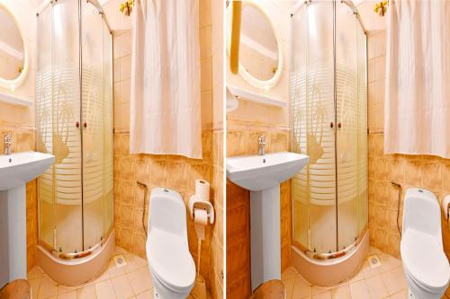 two views of a bathroom with two sinks and mirrors at Capital O 125 Moon Plaza Hotel in Manama