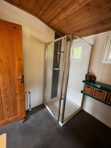 - une douche en verre dans une chambre dotée d'un plafond en bois dans l'établissement Boszicht, à Diever
