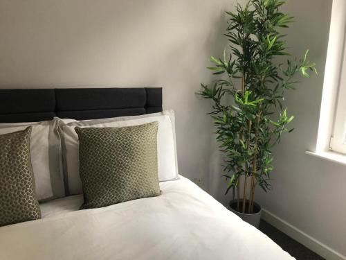 a bedroom with a bed with two potted plants at 1Bed Golfhill Cottage in Dunblane