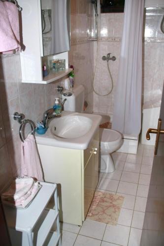 a bathroom with a sink and a shower and a toilet at Apartments by the sea Mirca, Brac - 2902 in Supetar