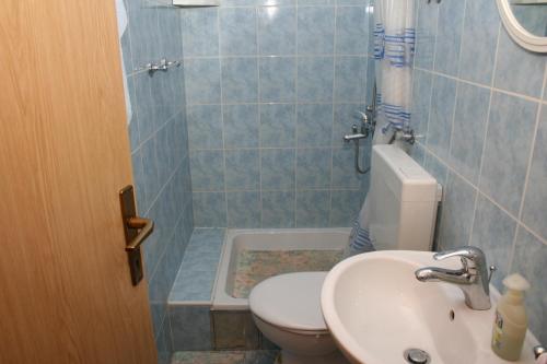uma casa de banho com um WC, um lavatório e um chuveiro em Apartments and rooms by the sea Sutivan, Brac - 2943 em Sutivan