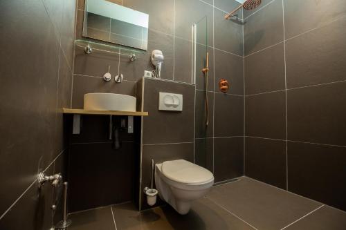 a bathroom with a toilet and a shower and a sink at Hotel Cataleya in Almere