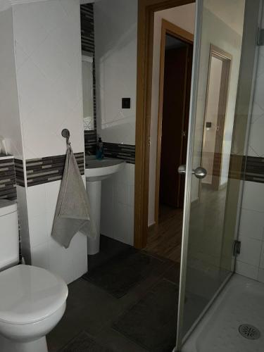 a bathroom with a toilet and a sink and a shower at Grande y precioso Ático acogedor in Montejo