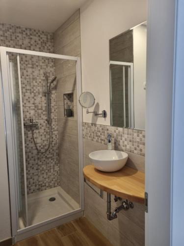 a bathroom with a sink and a shower with a sink at Shamarè Resort **** in Hrpelje