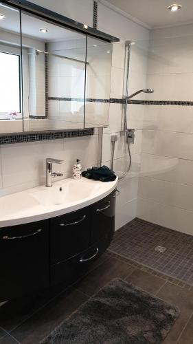 a bathroom with a sink and a shower at FeWo Frühling in der Villa Waldrand mit großem Garten in Bad Wünnenberg