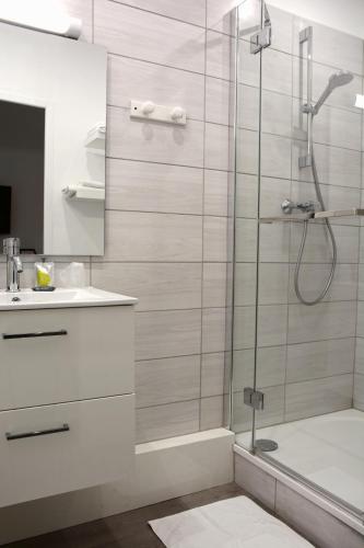 a bathroom with a shower and a sink at Hotel Joly in Armentières