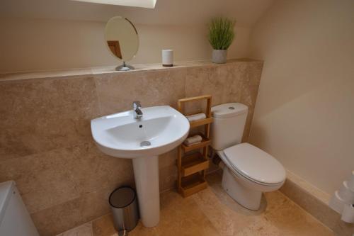 a bathroom with a sink and a toilet and a mirror at Tall Pines Apartment in Spean Bridge