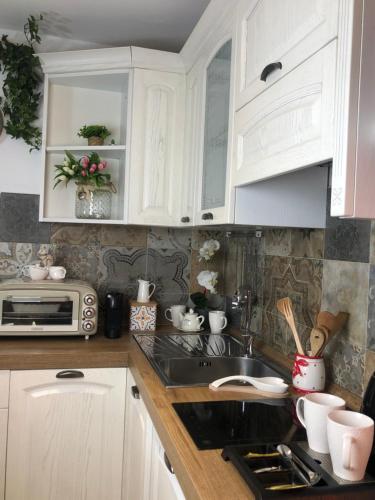 a kitchen with white cabinets and a sink and a microwave at Il Bosco Guest House Subiaco in Subiaco