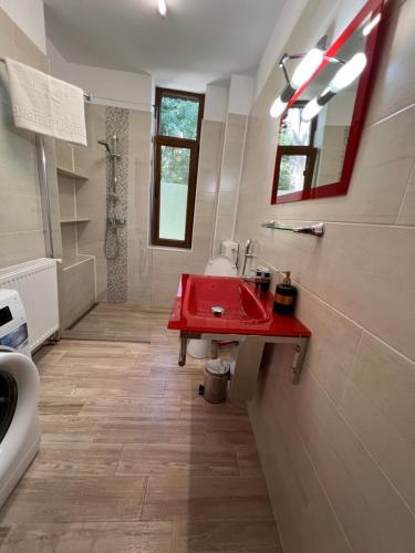 a bathroom with a red sink and a shower at Casa Mugur in Sinaia