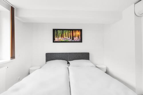 a white bedroom with a bed and a picture on the wall at Wienerberg-Apartments in Vienna