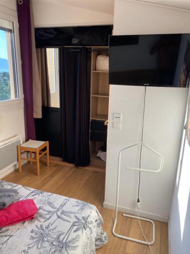 1 dormitorio con 1 cama y TV en un soporte en Chambre chez l habitant 2 nuit maximum, en Porticcio
