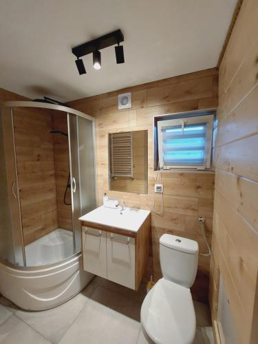 a bathroom with a toilet and a shower and a sink at Domeczek Tymoneczek in Ustrzyki Dolne