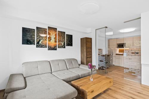 a living room with a couch and a table at Wienerberg-Apartments in Vienna