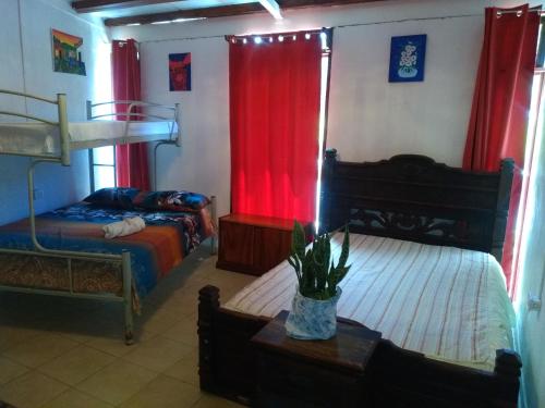 モンテベルデ・コスタリカにあるHostel Paco Houseのベッドルーム1室(ベッド2台、赤いカーテン付)