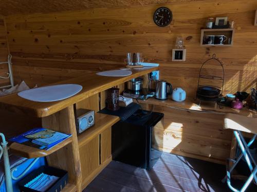 eine Küche in einem Blockhaus mit einer Arbeitsplatte in der Unterkunft Starp debesīm un zemi in Krāslava