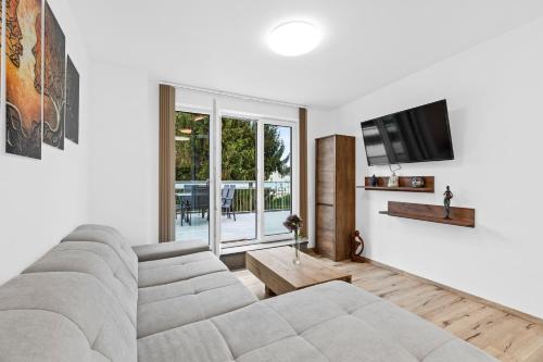 a living room with a couch and a tv at Wienerberg-Apartments in Vienna