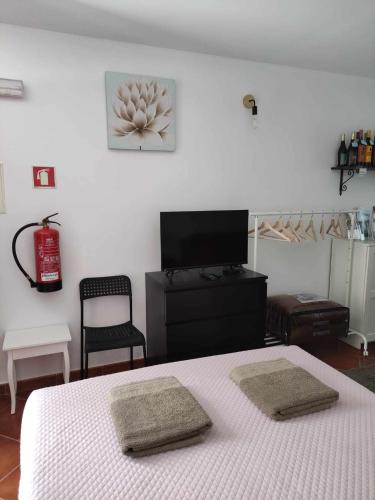 a bedroom with a bed and a flat screen tv at Di&Ana I - Alojamento Vila Viçosa in Vila Viçosa