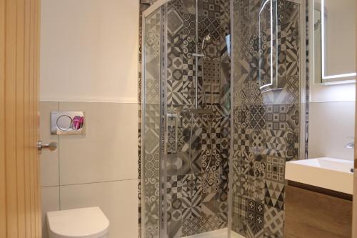 a bathroom with a shower with a toilet and a sink at The Anchorage Nables Farm in Chippenham