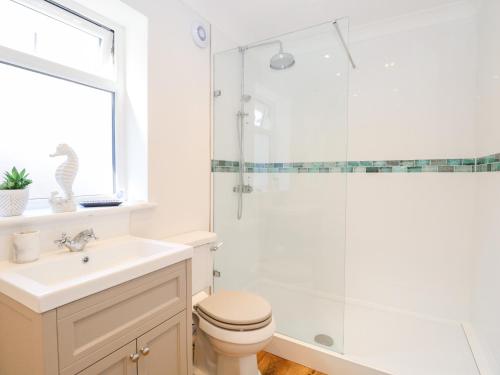 a bathroom with a shower and a toilet and a sink at The House in Gorleston in Great Yarmouth