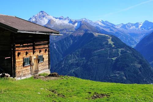 a building on a hill with mountains in the background at Haus Sonja in Finkenberg