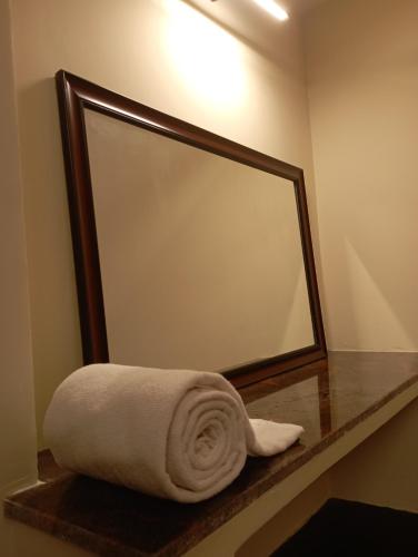 蒂魯吉拉帕利的住宿－Arangan Kudil，镜子前的台面上毛巾