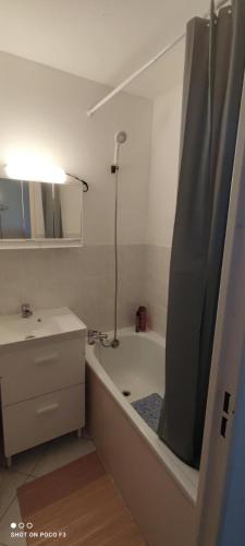 une salle de bain avec une baignoire, un lavabo et une douche dans l'établissement Appartement T2 avec vue - Port Leucate - 4 personnes, à Leucate