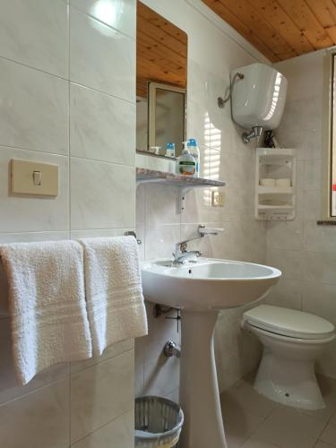 La salle de bains blanche est pourvue d'un lavabo et de toilettes. dans l'établissement Giardino Del Sole, à Tropea