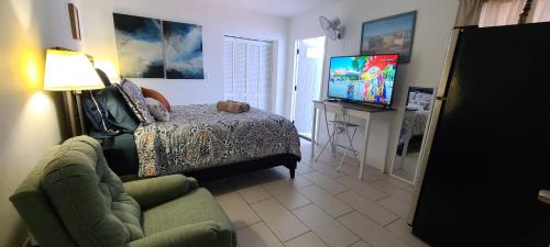 een woonkamer met een bank en een tv bij LA CASITA, Cute and Homey Private Studio in Miami