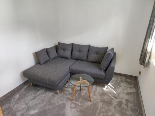 a living room with a gray couch and a glass table at Hideaway Zugspitz Berwang in Berwang