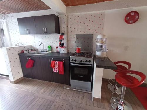 una pequeña cocina con fogones y fregadero en Cerca al centro con parqueo GRATIS - 2 habitaciones en Popayán