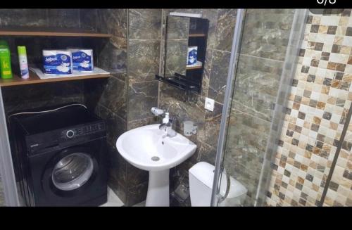 a bathroom with a sink and a washing machine at Ann Appartment in Tbilisi City