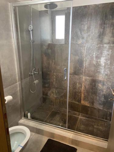 a bathroom with a shower and a toilet at Unique space in Gerakas - Cave in Athens