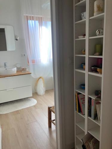 a bathroom with a sink and a book shelf at Casa giardino santadi in Santadi