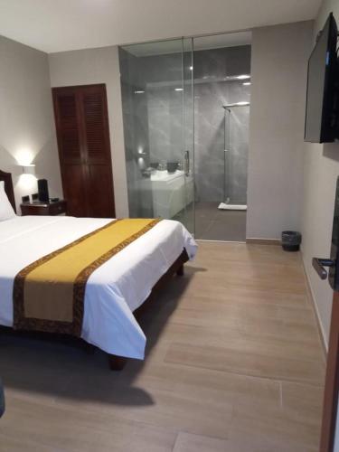 1 dormitorio con 1 cama y baño con ducha en Serenzza Hotel, en Lima