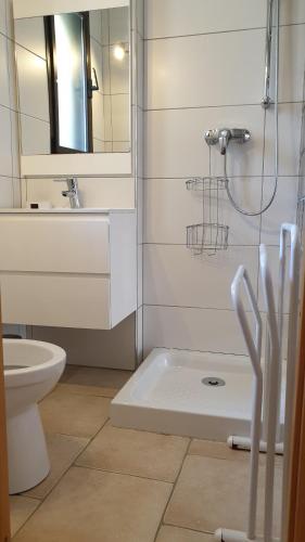une salle de bain avec une douche, un lavabo et des toilettes dans l'établissement Une chambre dans la résidence proche de plage, commerces et centre ville, à Calvi