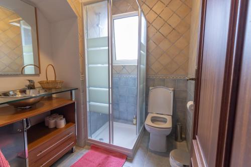 a bathroom with a toilet and a glass shower at Casa da Margarida in Ponta Delgada