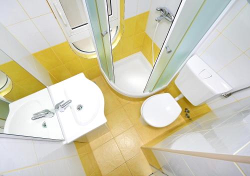 a bathroom with a sink and a toilet and a mirror at Apartmani Mira in Drasnice