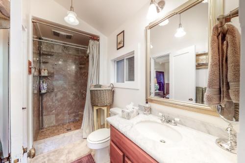 y baño con lavabo, aseo y ducha. en Vineyard Cottage, en Guerneville