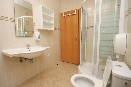 ein Bad mit einem WC, einem Waschbecken und einer Dusche in der Unterkunft Apartments by the sea Rogoznica - 3262 in Rogoznica