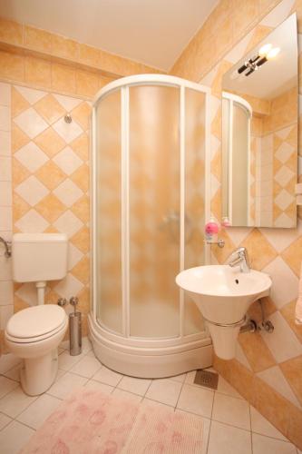 a bathroom with a shower and a toilet and a sink at Apartments with a parking space Novalja, Pag - 3299 in Novalja